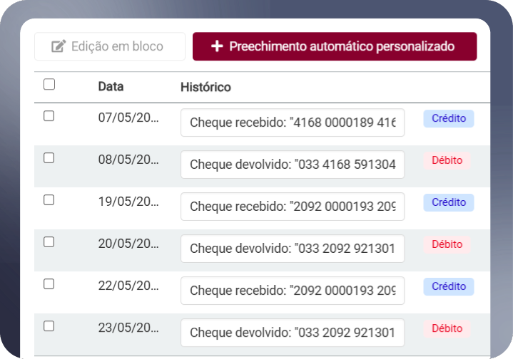 Tela Classificação automática de débitos e créditos